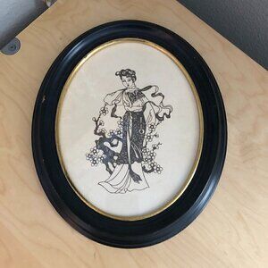 Vintage Japanese Geisha Wall Picture Ivory & Black Wood Frame 11.5" Tall